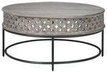 Benzara Wooden Round Cocktail Table with Hand Carved Lattice Design,Weathered Gray