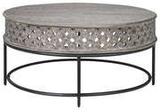 Benzara Wooden Round Cocktail Table with Hand Carved Lattice Design,Weathered Gray