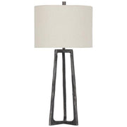 Benzara Hammered Tubular Metal Table Lamp with Fabric Drum Shade, Gray and White