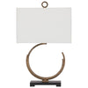 Benzara Crescent Shape Metal Table Lamp with Fabric Drum Shade, Brass and White