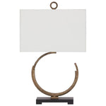 Benzara Crescent Shape Metal Table Lamp with Fabric Drum Shade, Brass and White