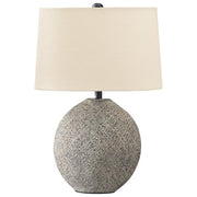 Benzara Bellied Paper Composite Table Lamp with Speckled Details, Cream and Gray