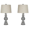 Benzara Pedestal Body Faux Wood Table Lamp with Tapered Fabric Shade,Set of 2,Gray