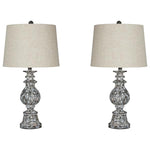 Benzara Pedestal Body Faux Wood Table Lamp with Tapered Fabric Shade,Set of 2,Gray