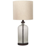 Benzara Cylindrical Seeded Glass Table Lamp with Fabric Drum Shade, Beige and Clear