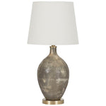 Benzara Pot Bellied Glass Table Lamp with Fabric Shade, Antique Brass and White