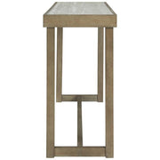Benzara Faux Marble Top Sofa Table with Wooden Sled Base, Weathered Brown