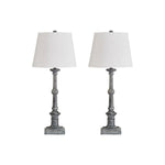 Benzara Turned Wooden Table Lamp with Fabric Drum Shade, Set of 2, Gray and White