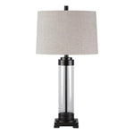 Benzara Glass and Metal Frame Table Lamp with Fabric Shade, Gray and Black