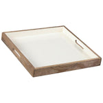 Benzara Square Wooden Enameled Tray with Cut Out Handles, Brown and White