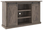 Benzara Wooden TV Stand with 2 Cross Barn Sliding Doors, Medium, Taupe Brown