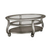 Benzara Oval Wooden and Glass Cocktail Table 2 Open Bottom Shelves, Antique Silver