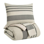 Benzara 3 Piece Fabric King Comforter Set with Striped Print, White and Gray