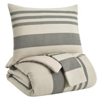 Benzara 3 Piece Fabric Queen Comforter Set with Striped Print, White and Gray