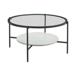 Benzara Glass Top Round Cocktail Table with Marble Shelf, Black and White