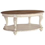 Benzara Two Tone Oval Cocktail Table with Bottom Shelf, Antique White and Brown