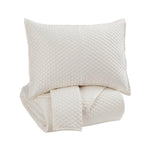 Benzara Fabric Upholstered 3 Piece King Quilt Set with Diamond Quilting, Ivory