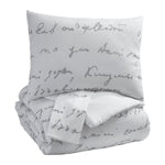 Benzara 3 Piece Fabric King Comforter Set with Script Print, White and Gray
