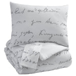 Benzara 3 Piece Fabric Queen Comforter Set with Script Print, White and Gray