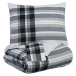 Benzara 3 Piece Fabric King Comforter Set with Plaid Pattern, Black and Gray