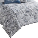Benzara 9 Piece Queen Polyester Comforter Set with Damask Prints, Blue and Gray