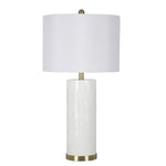 Benzara Drum Shade Table Lamp with Textured Cylindrical and Round Base, White