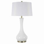 Benzara Conical Drum Shade Table Lamp with Elongated Bellied Glass Base, White