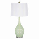 Benzara Glass Table Lamp with Hexagonal Pattern Bellied Base, Light Green