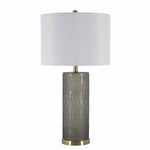 Benzara Drum Shade Table Lamp with Textured Cylindrical and Round Base, Gray