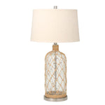 Benzara Fabric Shade Table Lamp with Rope Overlapping Glass Bottle Base, Beige