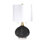 Benzara 27 inch Glass Table Lamp with Round Base and Carved Diamond Pattern, Black