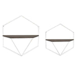 Benzara Hexagonal Metal Frame Wall Shelf with Wooden Top, Set of 2, White