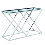 Benzara Diamond Shaped Metal Console Table with Glass Top, Silver
