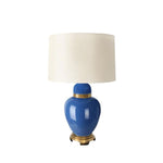 Benzara 29 inch Glass Urn Table Lamp with Drum Shade, Off White and Blue