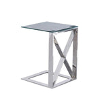 Benzara 22 inch Metal X Frame Glass Top Side Table, Silver