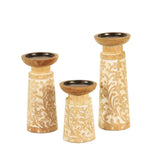 Benzara Wooden Candle Holder with Leaf Design, Small, Set of 3, Brown and White
