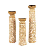 Benzara Wooden Candle Holder with Leaf Design, Tall, Set of 3, Brown and White