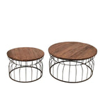 Benzara 2 Piece Drum Shape Wooden Top Metal Table, Brown and Black