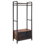 Benzara Wood and Metal Clothes Rack with Mesh Design Doors, Brown and Black