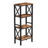 Benzara 4 Tier Wood and Metal Storage Shelf with X Side Panel, Brown and Black