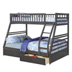Benzara Wooden Twin Over Full Bunk Bed with 2 Drawers and Casters, Gray