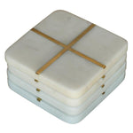 Benzara Metal Inlay Square Marble Coaster, Set of 4, White