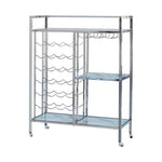 Benzara Metal Serving Cart with Wine and Stemware Rack, Silver