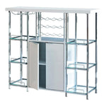 Benzara 6 Glass Shelf Metal Frame Bar Cabinet with Power Outlet, Clear and Chrome
