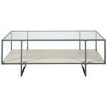 Benzara 48 Inches Glass Top Cocktail Table with Stone Shelf, Clear and Chrome