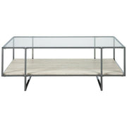 Benzara 48 Inches Glass Top Cocktail Table with Stone Shelf, Clear and Chrome