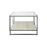 Benzara 48 Inches Glass Top Cocktail Table with Stone Shelf, Clear and Chrome