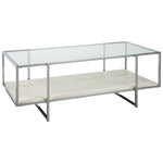 Benzara 48 Inches Glass Top Cocktail Table with Stone Shelf, Clear and Chrome