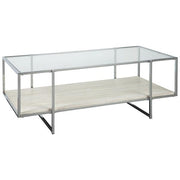 Benzara 48 Inches Glass Top Cocktail Table with Stone Shelf, Clear and Chrome