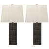 Benzara Fabric Wrapped Table Lamp with Wooden Base, Set of 2, White and Brown